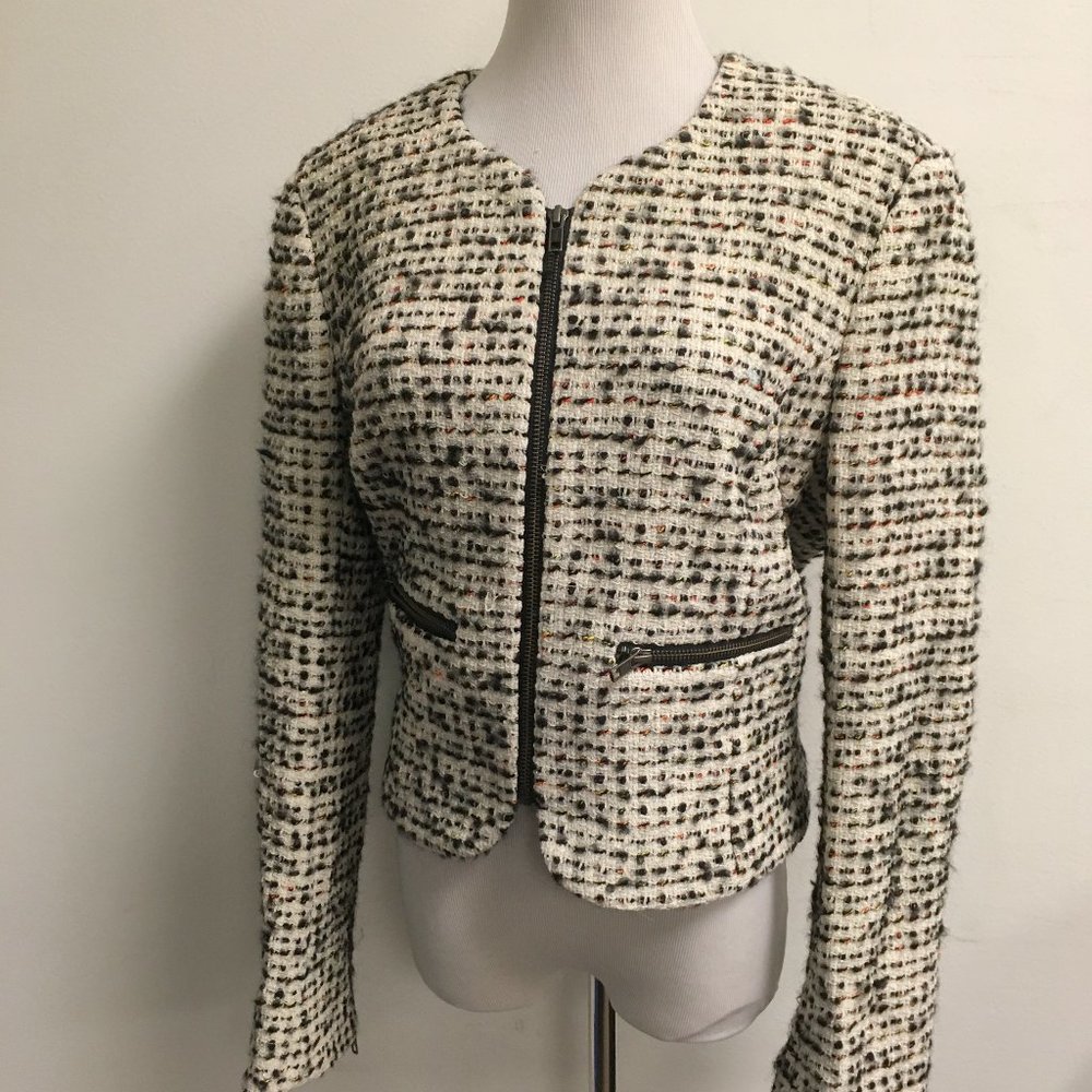 French Connection zip boucle blazer vintage black tweed wool blend classic 12